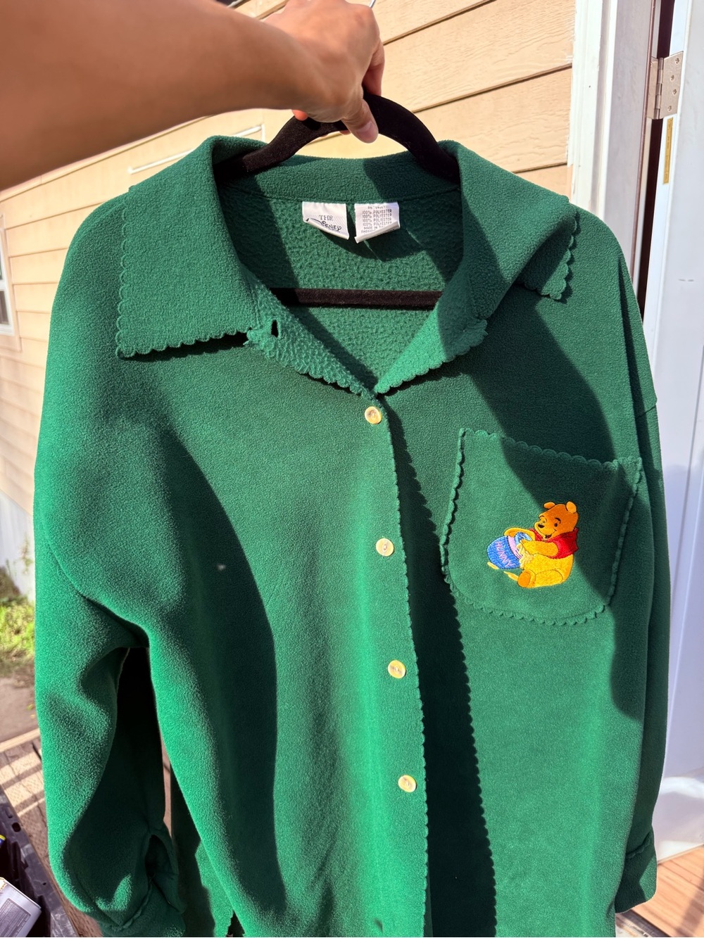 Vintage Disney Green Fleece Button-Up Sweater with Winnie the Pooh Pocket